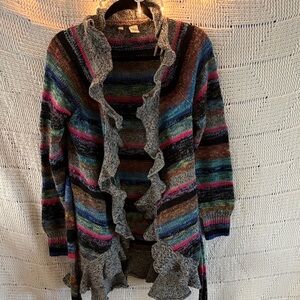 Moth Multicolor Striped Ruffle-Trim Open Cardigan with Gray Trim